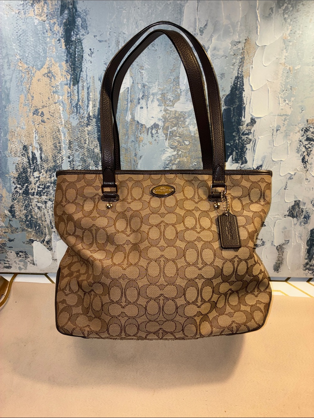 EUC Coach Tan and Dark Brown Signature Canvas Tote / Leather trim